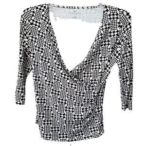 Talbots Petites Geometric Print 3/4 Sleeve Faux Wrap Surplice Top Stretch Sz MP
